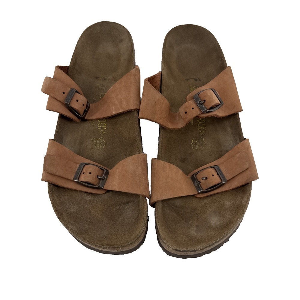 Birkenstock Arizona Sandals Men 42 US 9 Brown Leather 2 Strap Buckle Slides